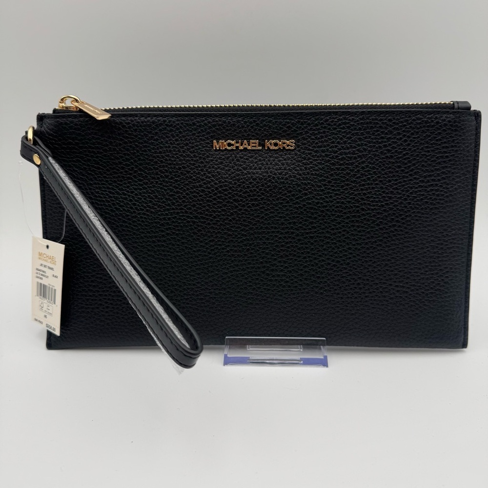 Michael Kors Black Large Zip Wristlet Clutch Gold Accents Pebbled Leather NWT
